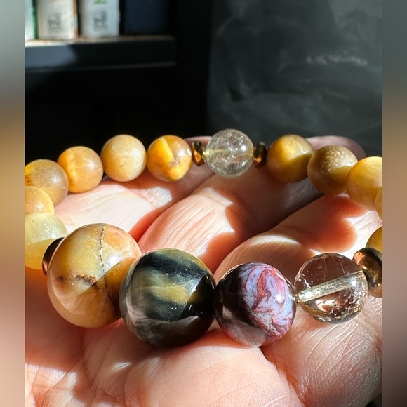 YELLOW TIGERS EYE + PIETERSITE + GOLD RUTILATED NATURAL STONES BRACELET size 7” - Picture 8 of 10
